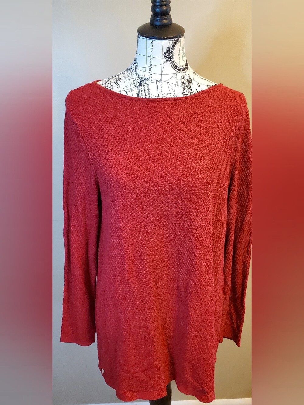 J. Jill Large Red Textured Thermal Knit Blouse Women's Long Sleeve Tunic Top L